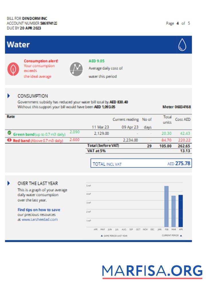 Printable Al Ain Distribution Company utility business bill, page 4, SCR example
